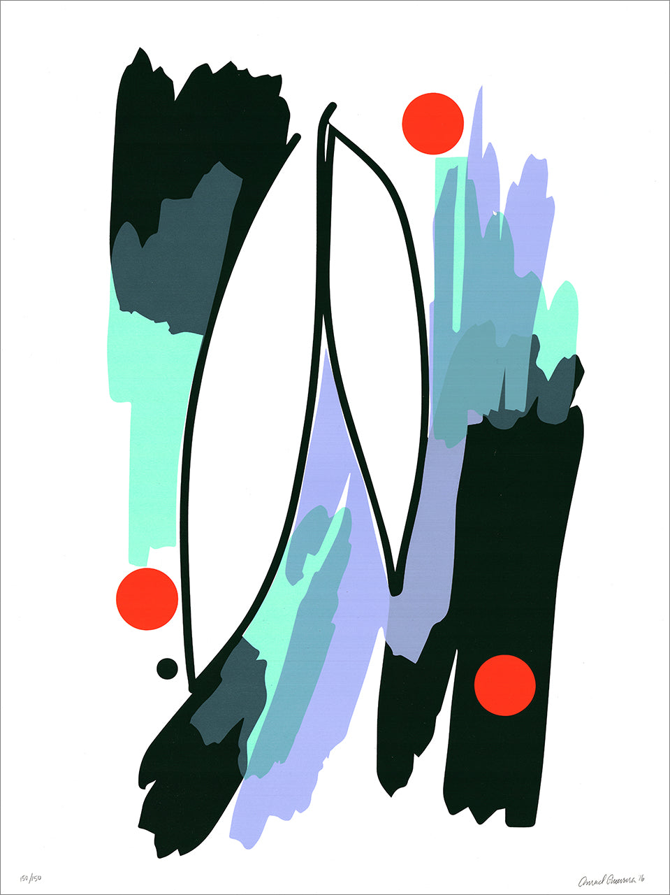 Screenprint of brushy black, mint and lavender strokes with a thin black leaf outline and red dots on white
