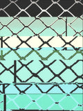 Screenprint of a glitched, pixelated chain-link fence photo in black over mint, cream and pale blue bands