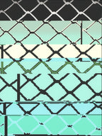 Screenprint of a glitched, pixelated chain-link fence photo in black over mint, cream and pale blue bands