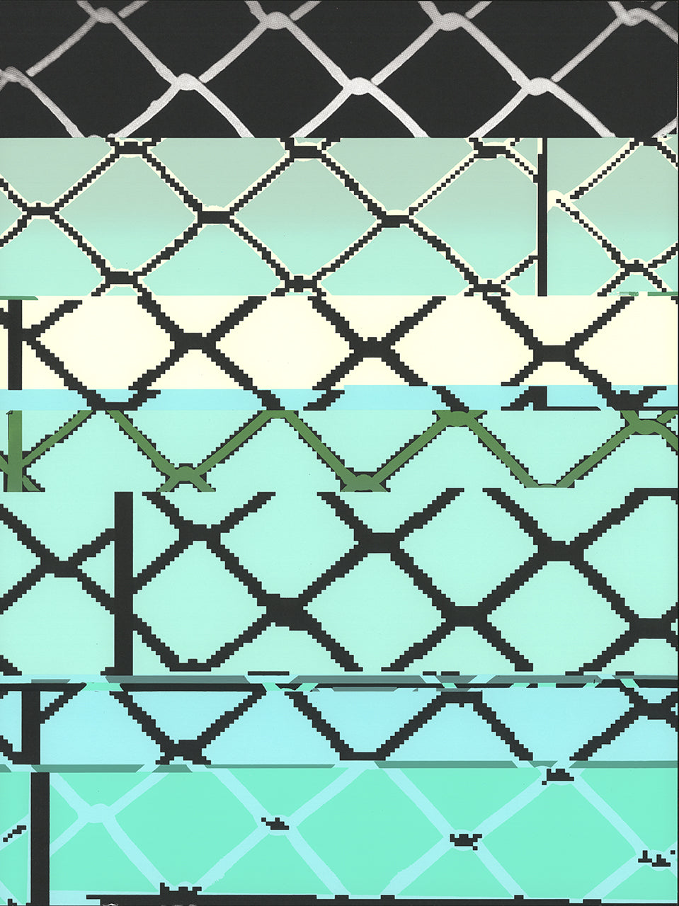 Screenprint of a glitched, pixelated chain-link fence photo in black over mint, cream and pale blue bands