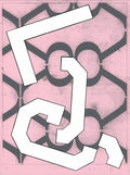 Pink and gray screenprint of bold white angular letter-like shapes over a smudged repeating gray pattern