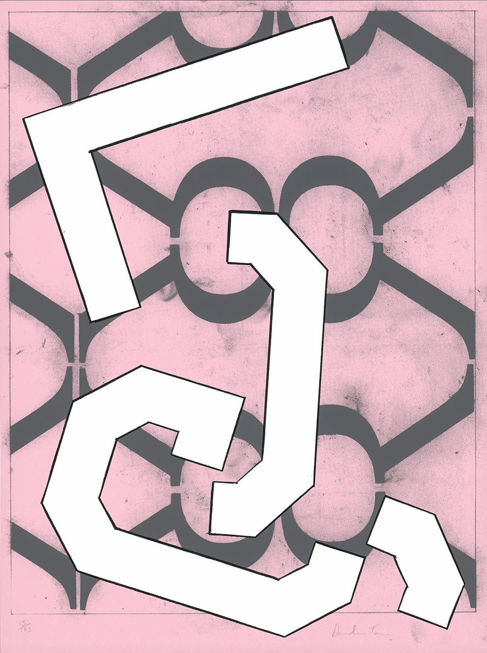 Pink and gray screenprint of bold white angular letter-like shapes over a smudged repeating gray pattern