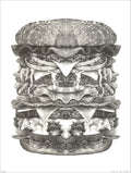 Black and gray screenprint of a towering mirror-symmetric monster burger with many layers of meat and toppings
