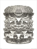 Black and gray screenprint of a towering mirror-symmetric monster burger with many layers of meat and toppings
