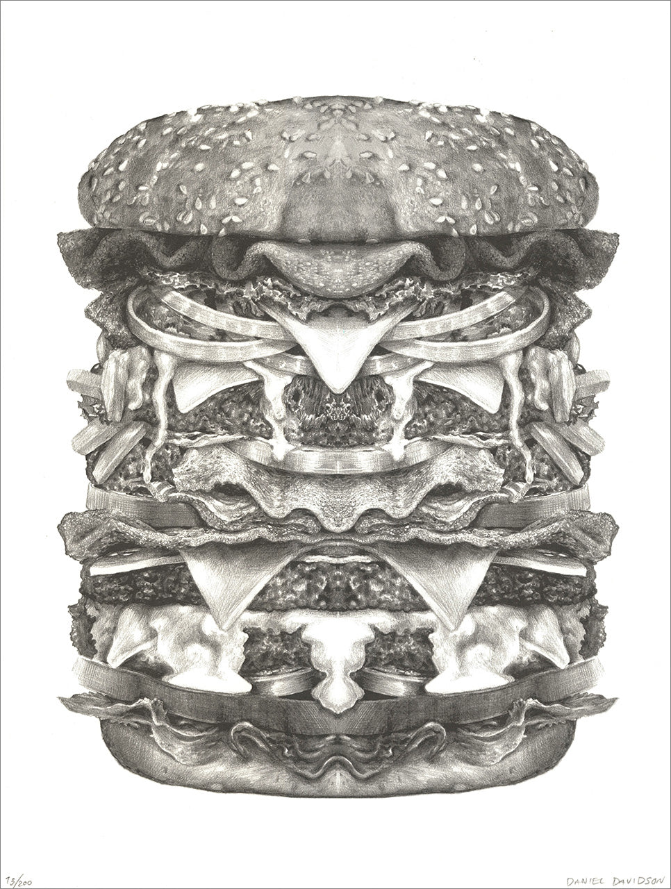 Black and gray screenprint of a towering mirror-symmetric monster burger with many layers of meat and toppings