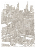 Sepia fine-line screenprint of a dense New York City skyline with skyscrapers, bridges and river