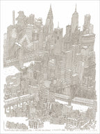 Sepia fine-line screenprint of a dense New York City skyline with skyscrapers, bridges and river