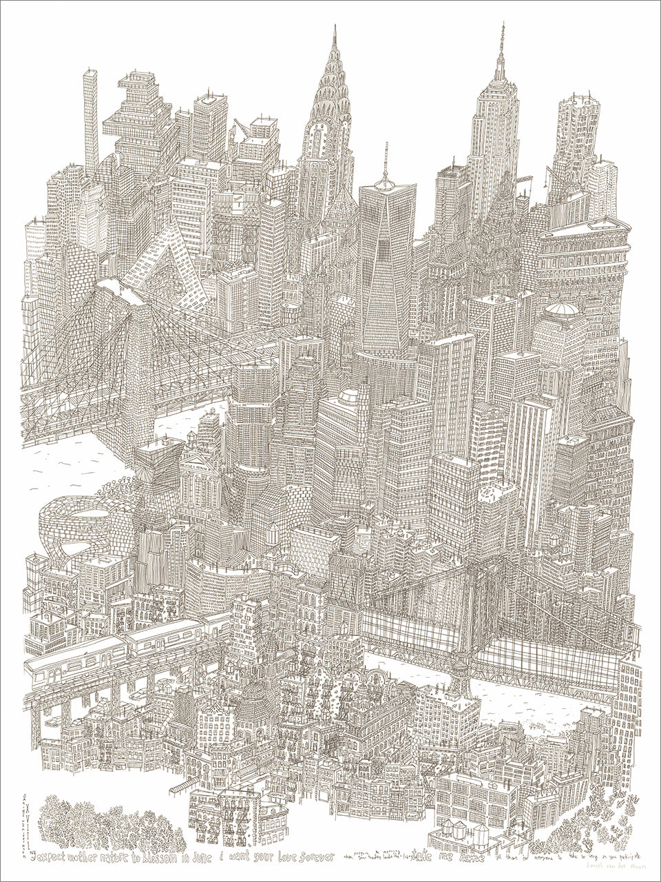 Sepia fine-line screenprint of a dense New York City skyline with skyscrapers, bridges and river