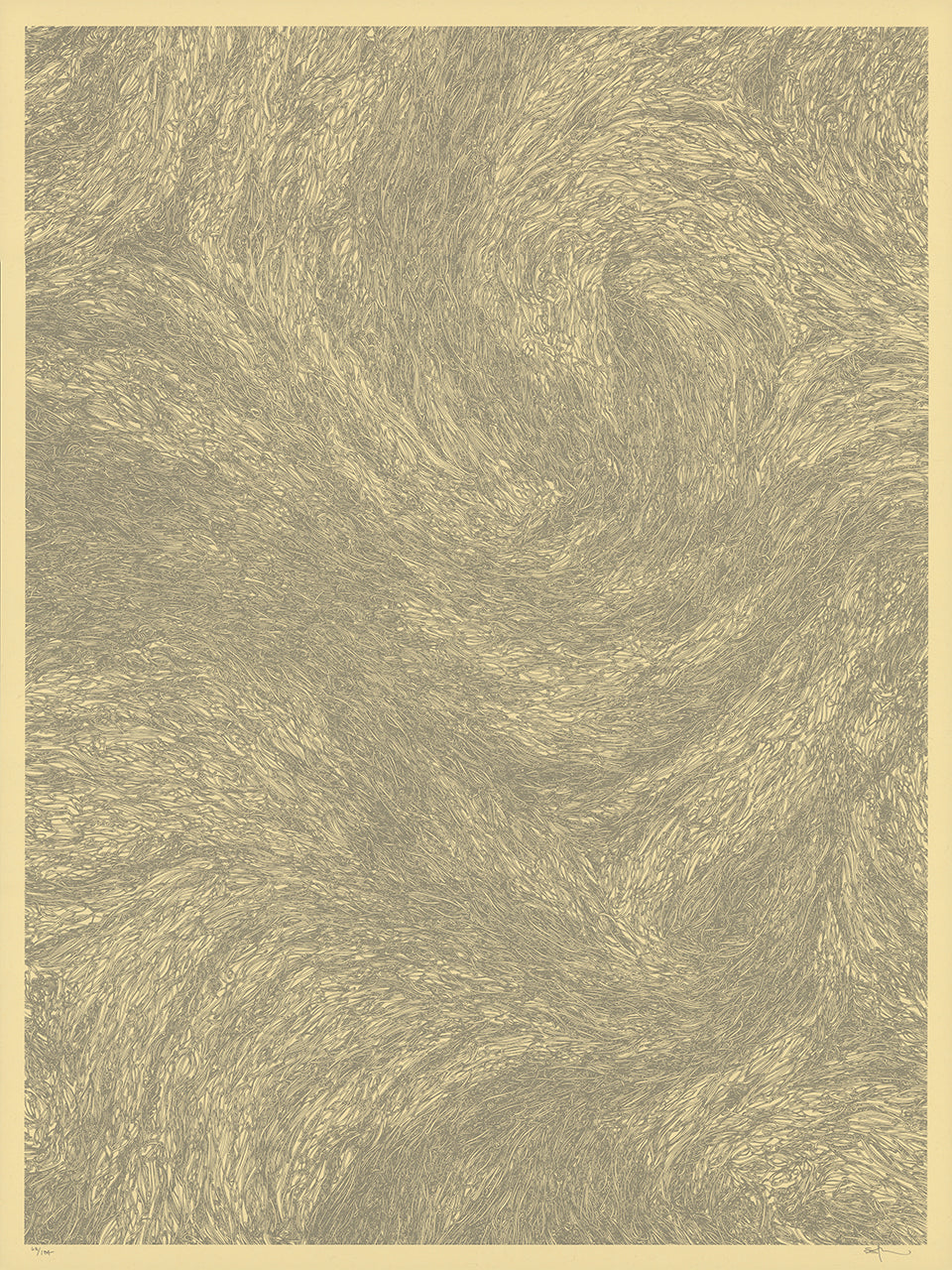 Screenprint of swirling fine tan lines like cell growth patterns on a pale gold ground