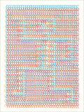 Screenprint of a grid of repeated looping typewriter-like marks in cyan, red and orange forming a faint figure on cream