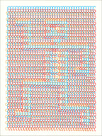 Screenprint of a grid of repeated looping typewriter-like marks in cyan, red and orange forming a faint figure on cream
