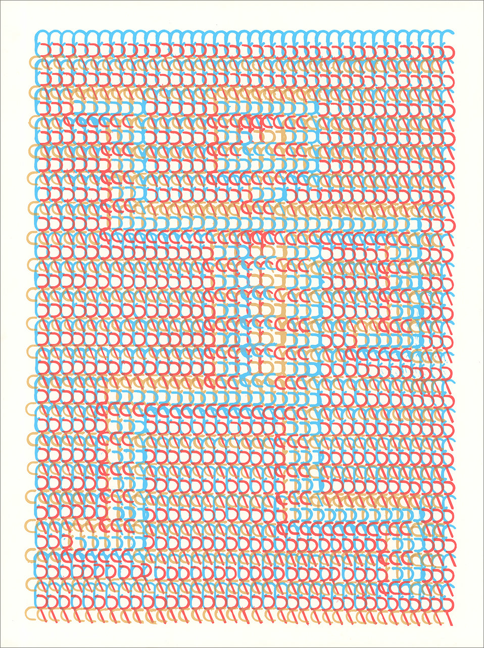 Screenprint of a grid of repeated looping typewriter-like marks in cyan, red and orange forming a faint figure on cream