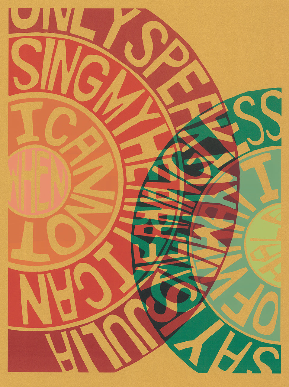Screenprint of overlapping circular text rings in red, orange, peach and green on a mustard ground
