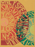 Screenprint of overlapping circular text rings in red, orange, peach and green on a mustard ground