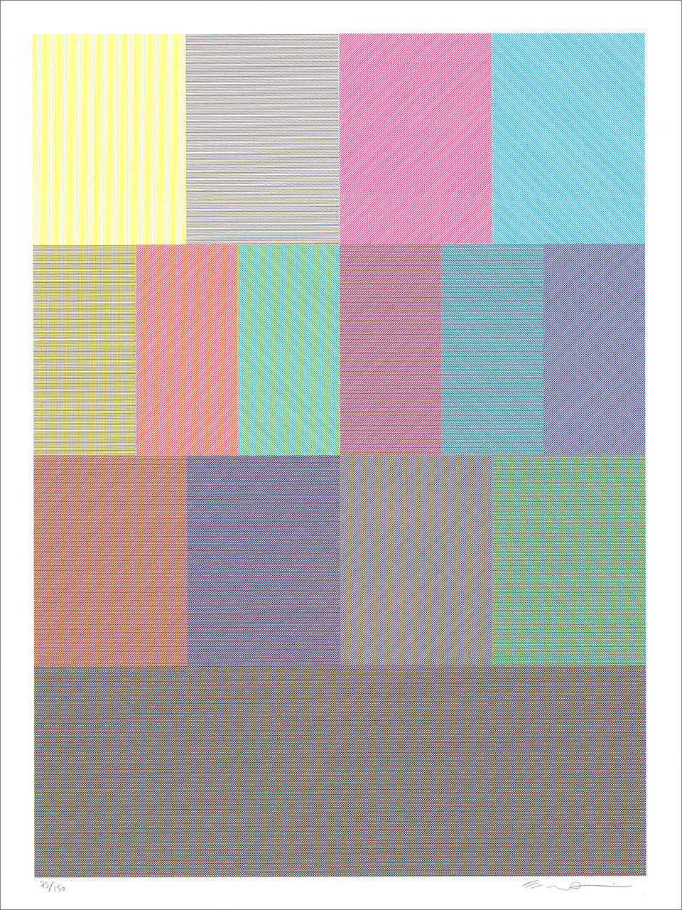 Screenprint of a grid of rectangles filled with fine line combinations in cyan, magenta, yellow and black, top to bottom