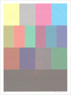 Screenprint of a grid of rectangles filled with fine line combinations in cyan, magenta, yellow and black, top to bottom