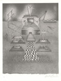 Gray graphite-style screenprint of a surreal stage set: a boxy structure, platforms, a checkered path and odd objects