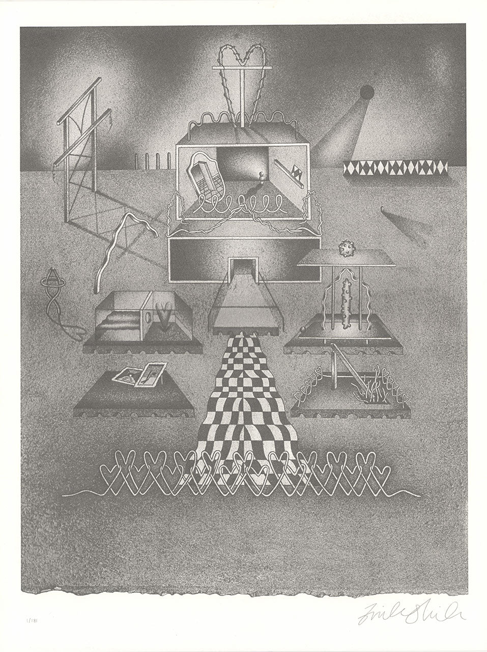 Gray graphite-style screenprint of a surreal stage set: a boxy structure, platforms, a checkered path and odd objects