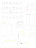 Screenprint of fine pastel line drawings of small imagined objects, pedestals and containers arranged on white