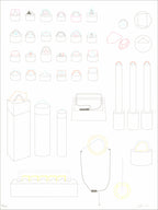 Screenprint of fine pastel line drawings of small imagined objects, pedestals and containers arranged on white