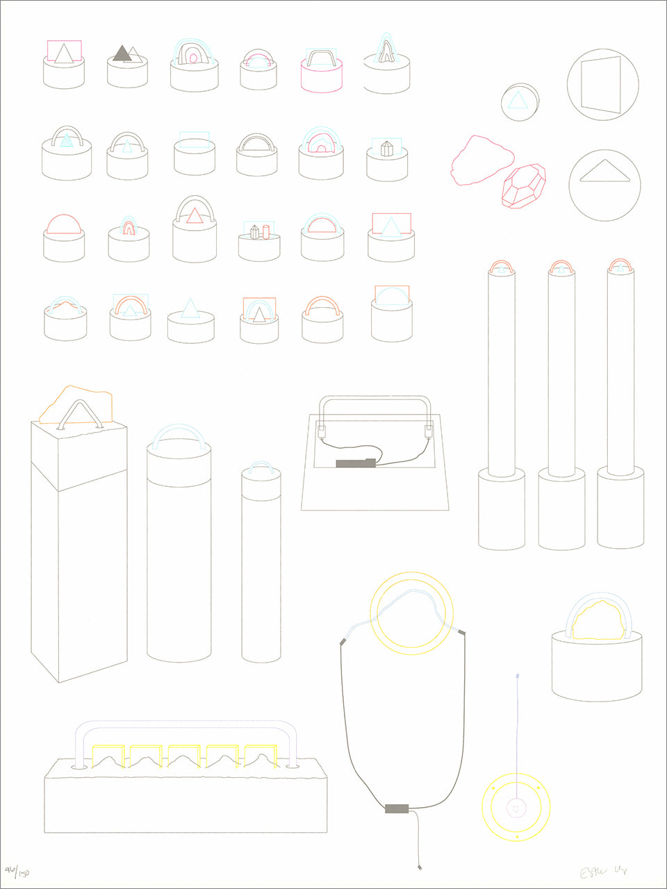 Screenprint of fine pastel line drawings of small imagined objects, pedestals and containers arranged on white