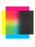 Screenprint of overlapping cyan, magenta, yellow and black squares blending into a halftone rainbow gradient on white