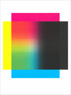 Screenprint of overlapping cyan, magenta, yellow and black squares blending into a halftone rainbow gradient on white