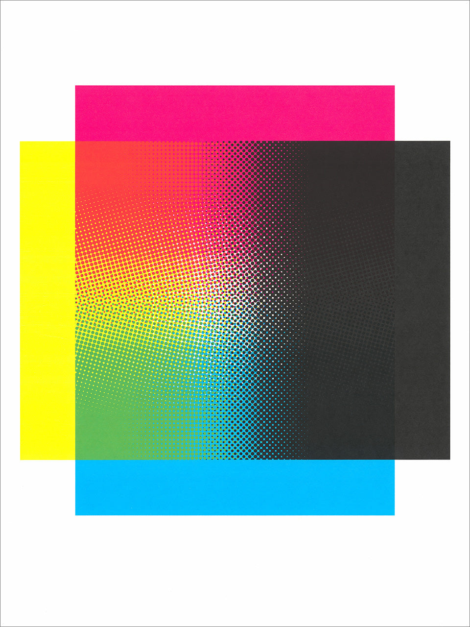 Screenprint of overlapping cyan, magenta, yellow and black squares blending into a halftone rainbow gradient on white