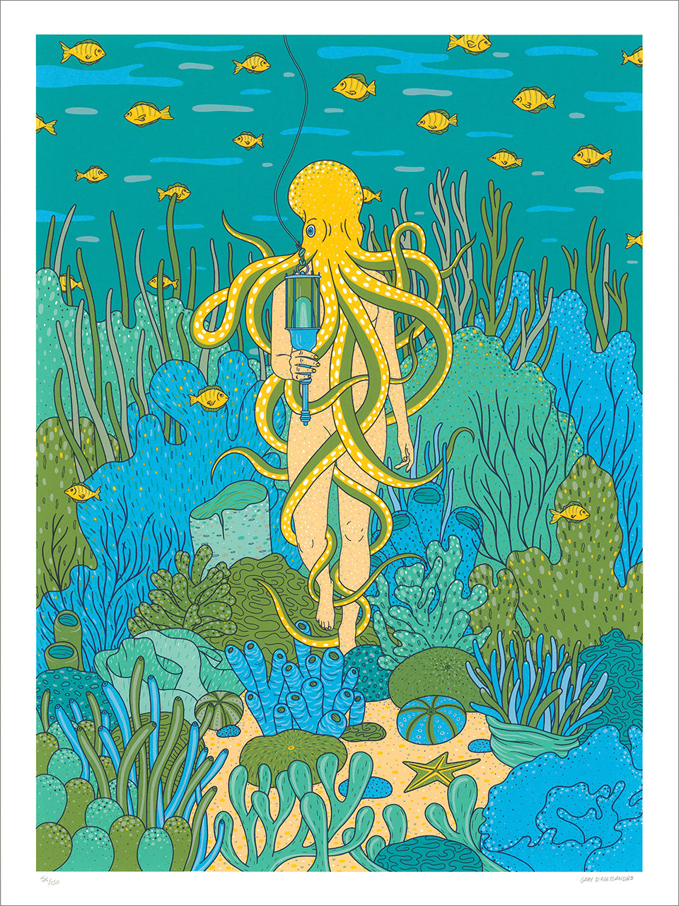 Screenprint of a diver with a yellow octopus on their head walking through a blue and green coral reef with fish