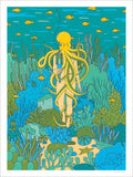 Screenprint of a diver with a yellow octopus on their head walking through a blue and green coral reef with fish