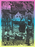 Black line screenprint of a cluttered bathroom and salon interior over a pink, blue and yellow rainbow gradient