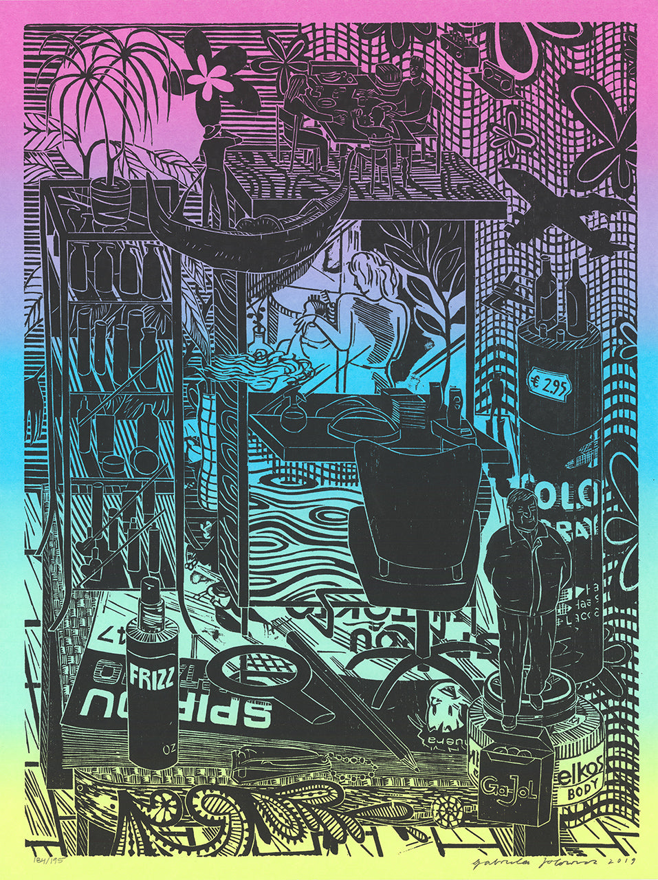 Black line screenprint of a cluttered bathroom and salon interior over a pink, blue and yellow rainbow gradient