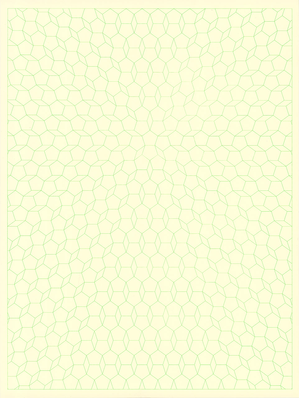 Screenprint of a pale green pentagon tiling on cream paper