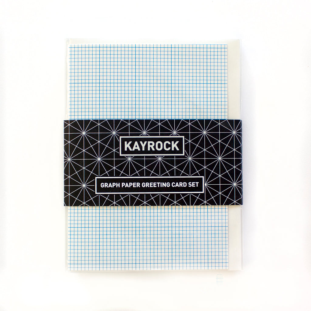 Set of blue grid greeting cards in clear sleeves, wrapped in a black band reading Kayrock Graph Paper Greeting Card Set