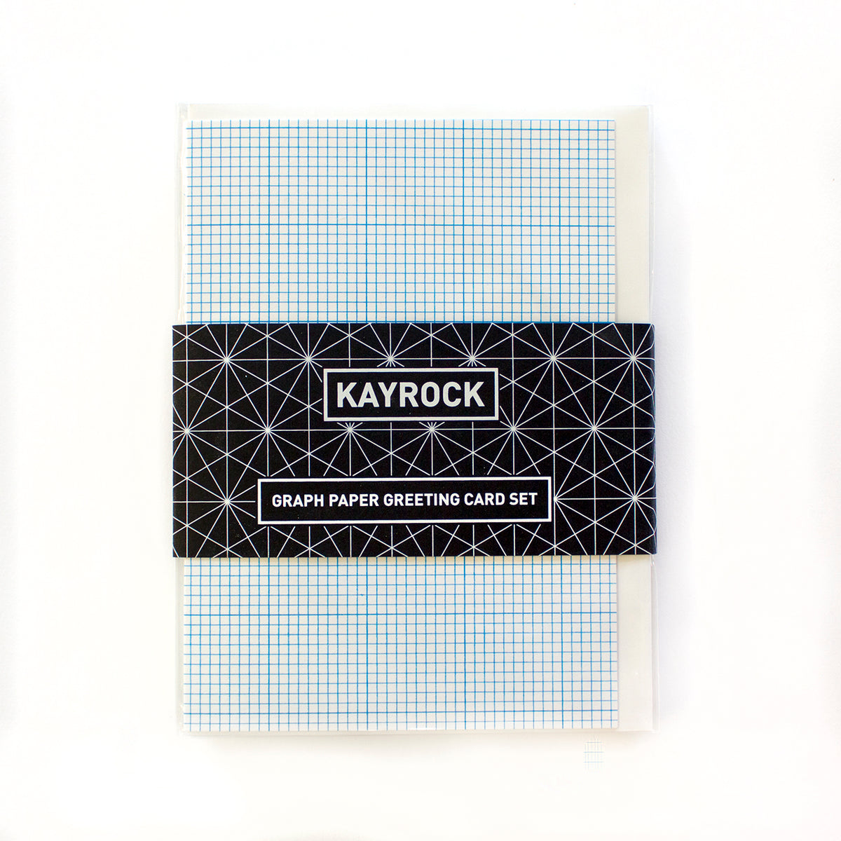 Set of blue grid greeting cards in clear sleeves, wrapped in a black band reading Kayrock Graph Paper Greeting Card Set