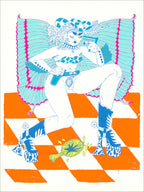 Cyan, blue and orange screenprint of a nude winged cowgirl in platform boots holding a pistol on an orange checkered floor