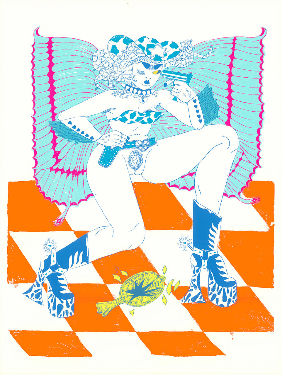 Cyan, blue and orange screenprint of a nude winged cowgirl in platform boots holding a pistol on an orange checkered floor