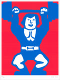 Red, blue and white screenprint of a smiling strongman in blue lifting a barbell overhead