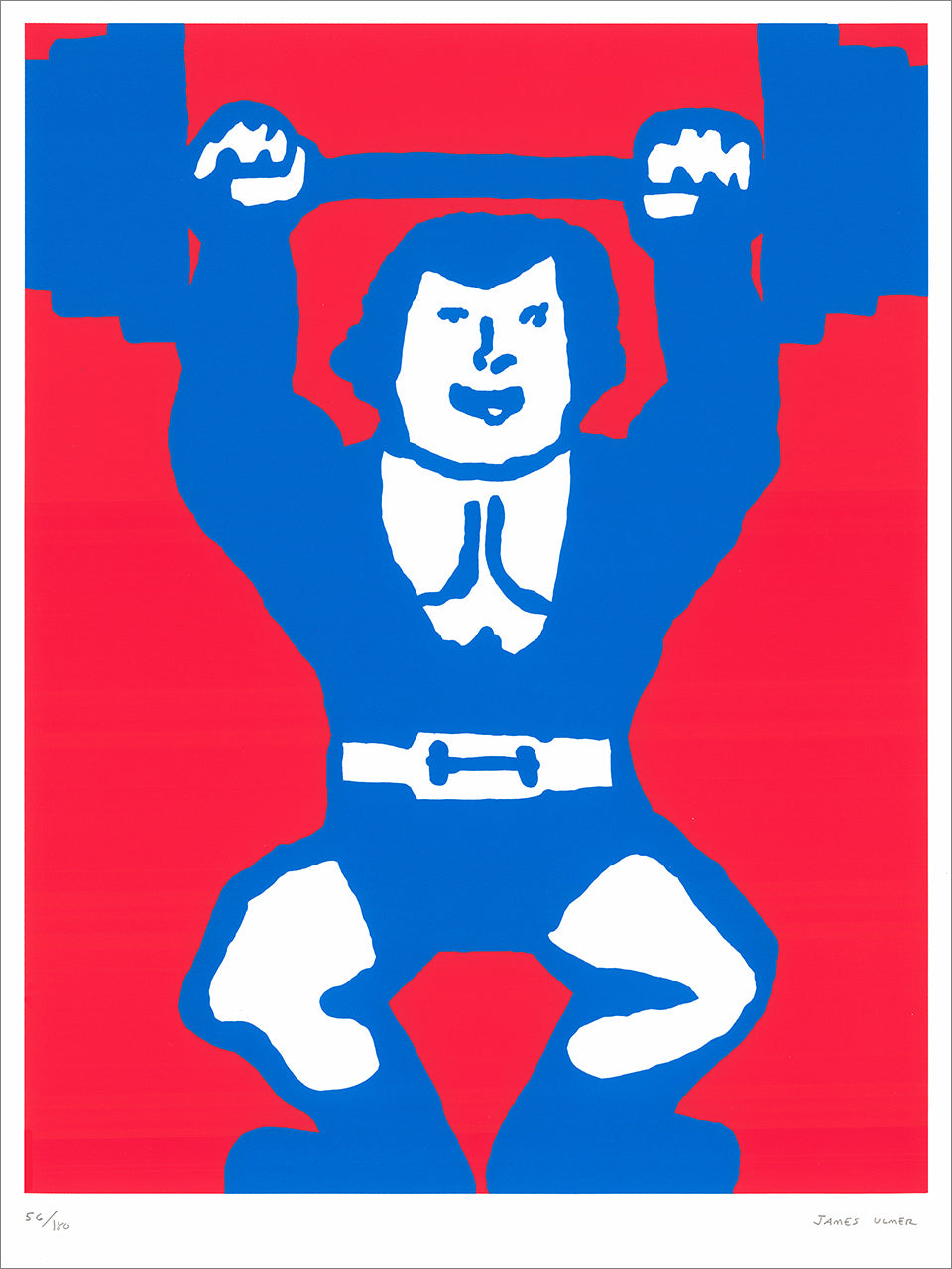 Red, blue and white screenprint of a smiling strongman in blue lifting a barbell overhead