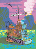 Vivid screenprint of a cluttered houseboat named Heliopolis on green water, with purple cliffs, smoke and flying birds