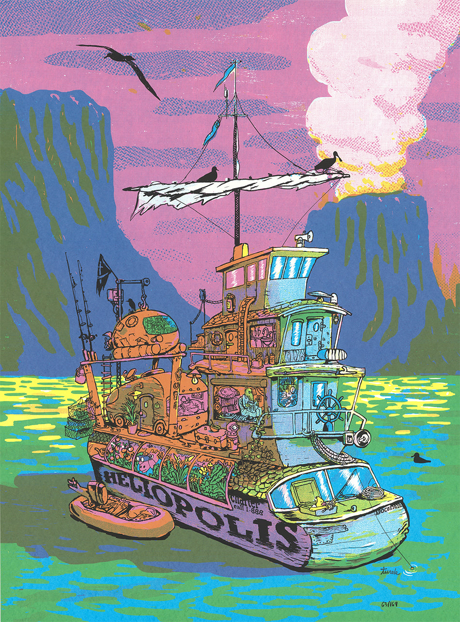 Vivid screenprint of a cluttered houseboat named Heliopolis on green water, with purple cliffs, smoke and flying birds