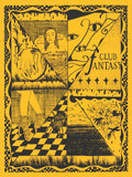 Black and golden yellow screenprint of eight triangular dream scenes, a bather, an eye, spiders and the words Club Fantasy