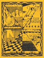 Black and golden yellow screenprint of eight triangular dream scenes, a bather, an eye, spiders and the words Club Fantasy