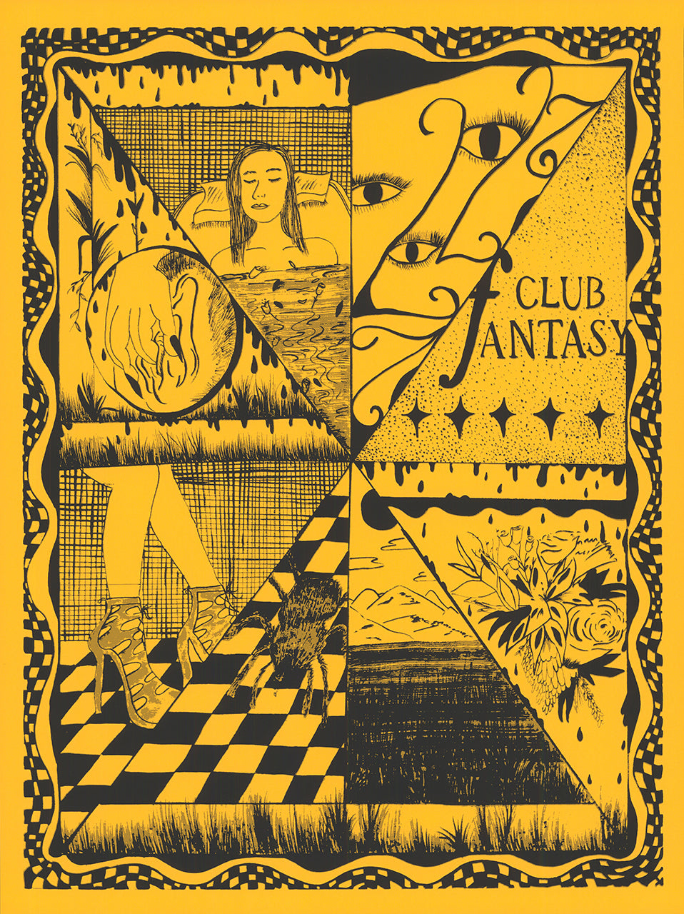 Black and golden yellow screenprint of eight triangular dream scenes, a bather, an eye, spiders and the words Club Fantasy
