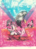 Pink, cyan, red and black screenprint of nude women bathing beside a large rearing serpent under light beams