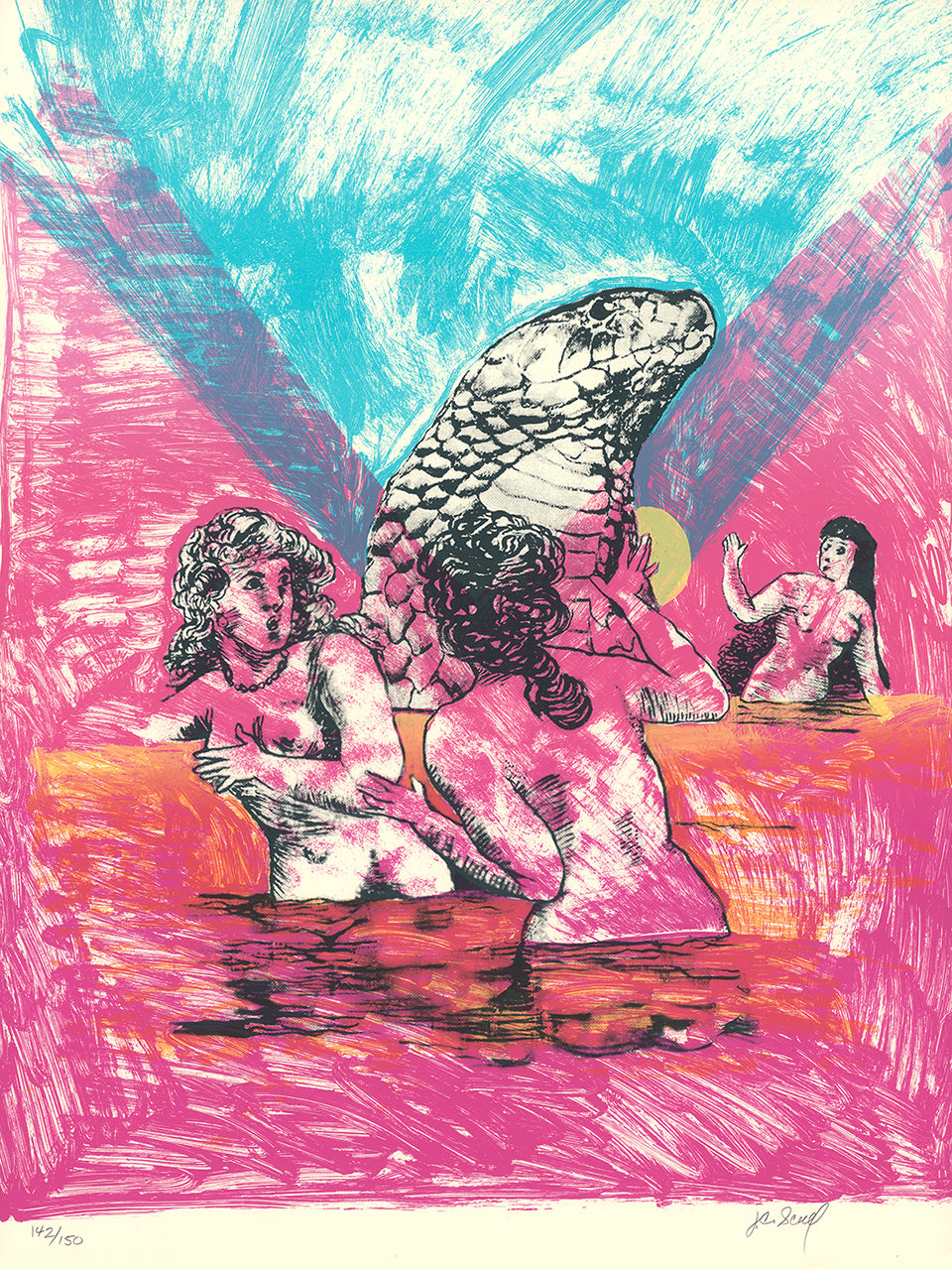 Pink, cyan, red and black screenprint of nude women bathing beside a large rearing serpent under light beams