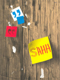 Screenprint photo of a weathered wooden telephone pole with torn notes and a yellow sticky note reading "Shhh"