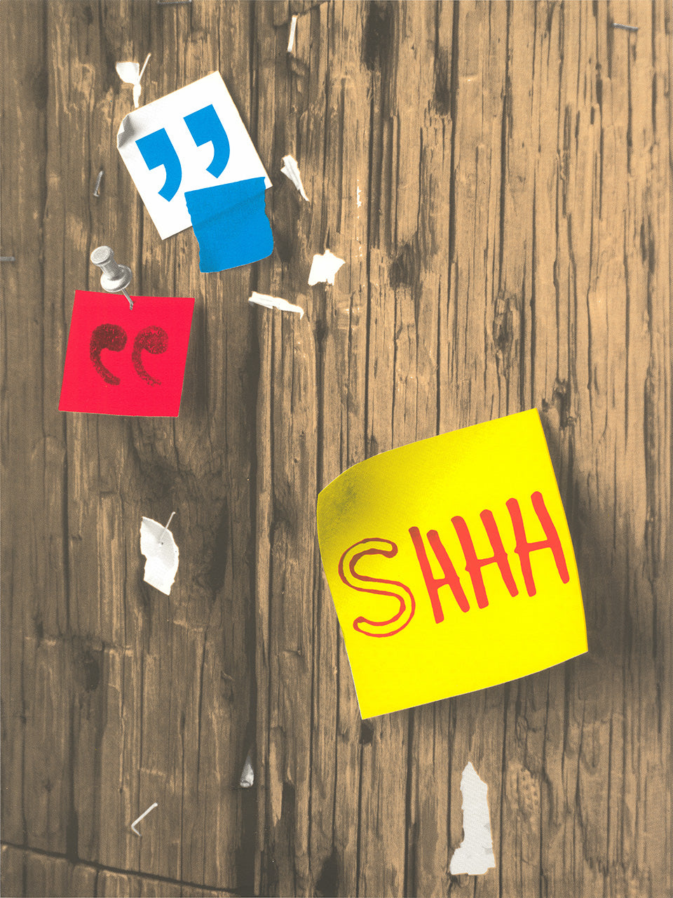 Screenprint photo of a weathered wooden telephone pole with torn notes and a yellow sticky note reading "Shhh"