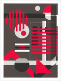 Screenprint of geometric shapes, stripes and circles in red, black, gray and white on a charcoal ground