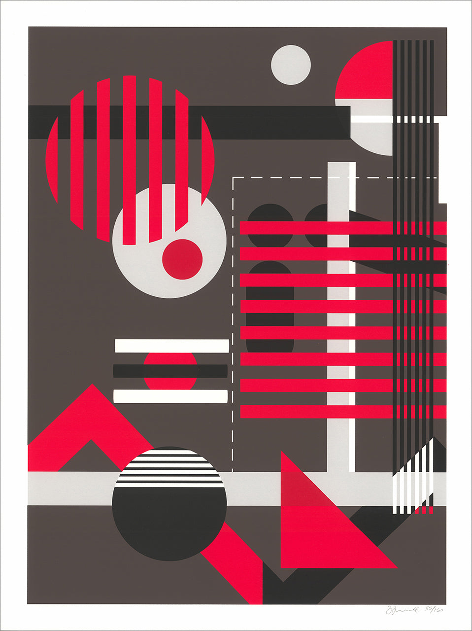 Screenprint of geometric shapes, stripes and circles in red, black, gray and white on a charcoal ground